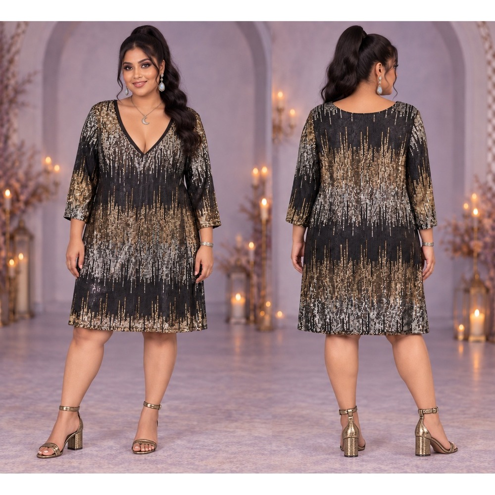 Whimsigoth Party Boho Holiday Sequin Black Gold Silver Ombre Mini XL Shift Dress